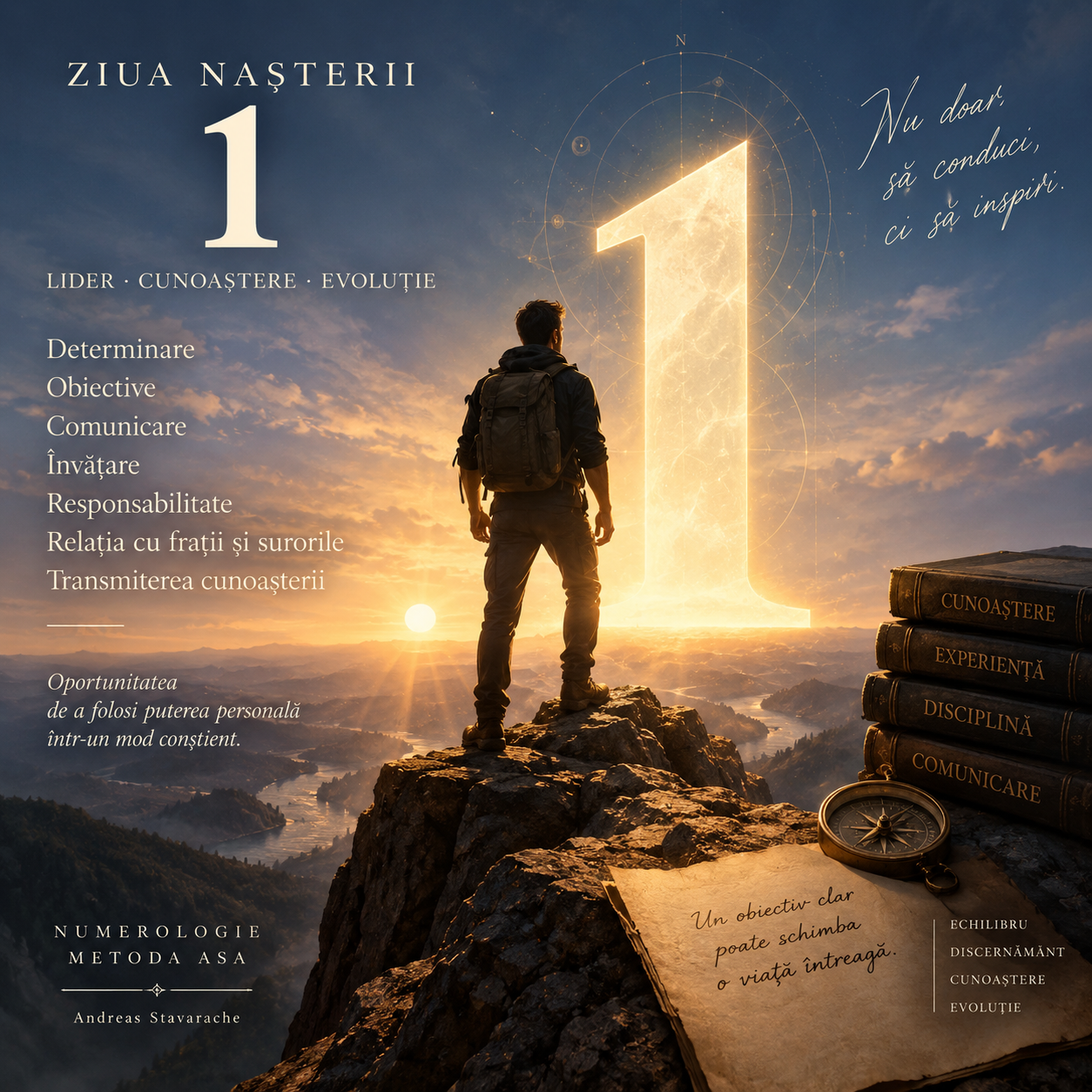 Ziua nașterii 1 — lider, cunoaștere, evoluție: un om pe vârf de munte privind cifra 1 luminoasă (Numerologie, Metoda ASA)