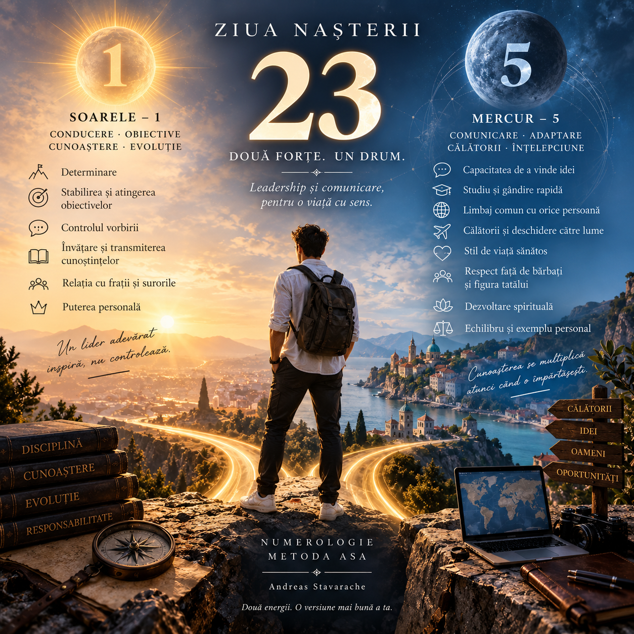 Ziua nașterii 23 — Soarele (1) și Mercur (5): un om cu rucsac pe o stâncă, în fața a două drumuri luminoase (Numerologie, Metoda ASA)